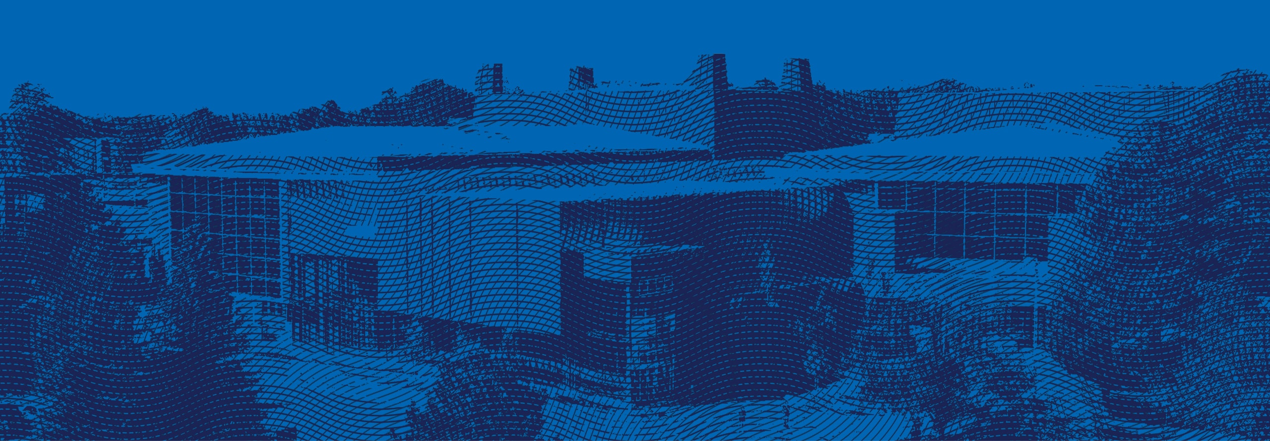 Digitally rendered blue-toned image of a modern building overlaid with wavy, textured lines, creating a stylized, abstract appearance.