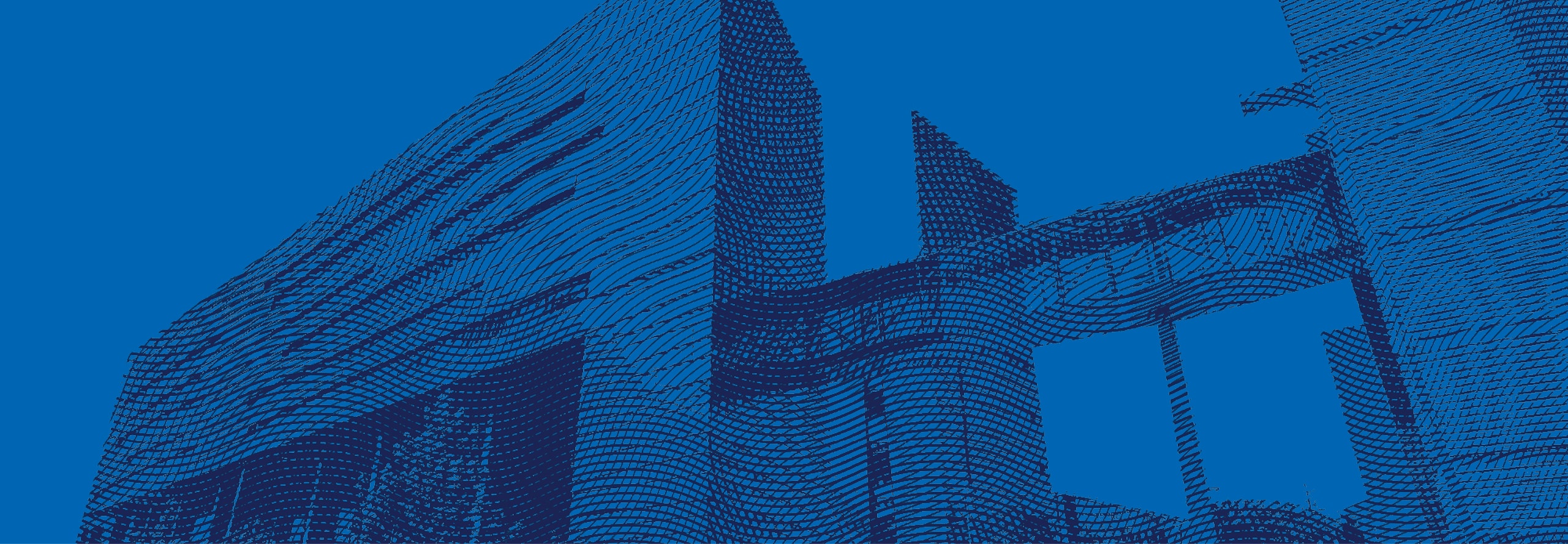 Abstract blue digital illustration of a building with textured, wavy lines forming its structure against a solid blue background.