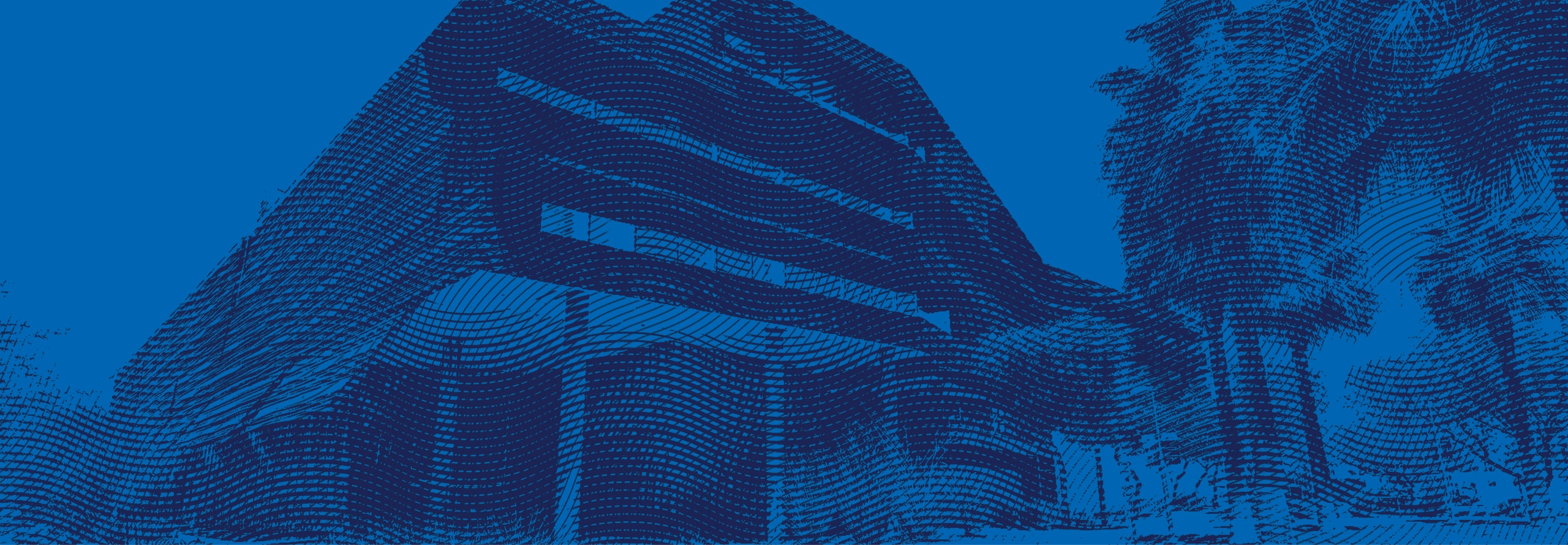 Stylized blue illustration of a modern multi-story building with large windows, surrounded by trees.