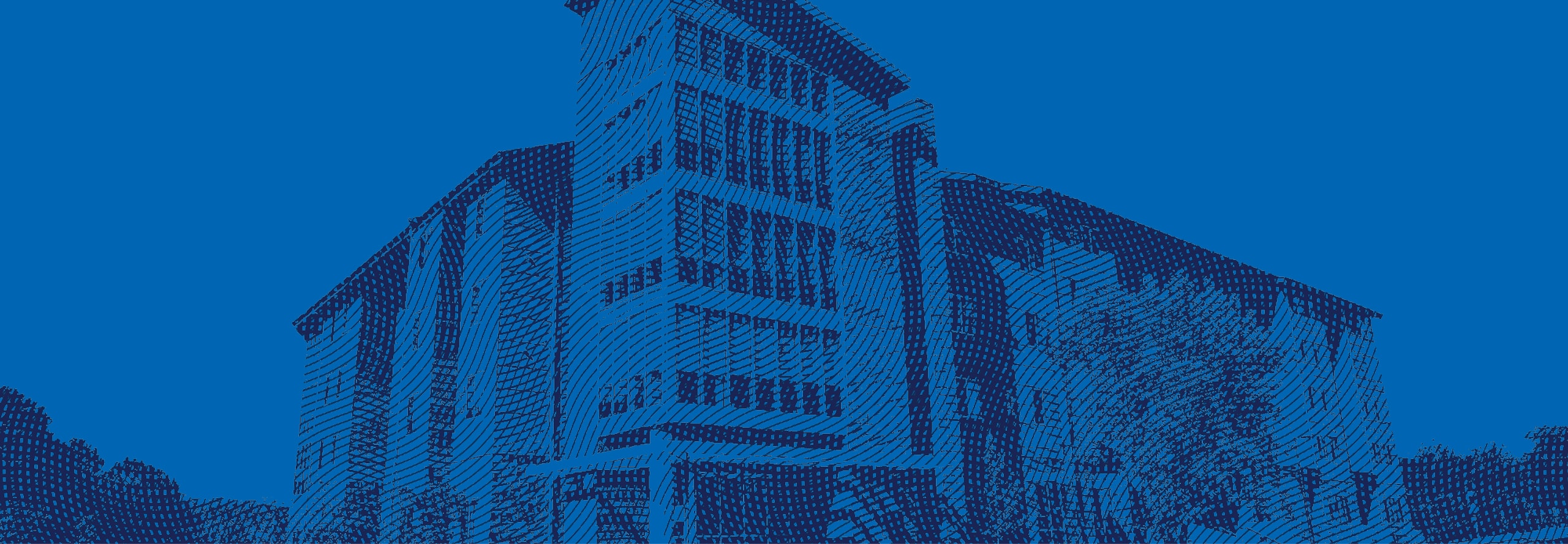 A stylized, blue-toned illustration of a multi-story building with large windows, trees, and a clear sky in the background.