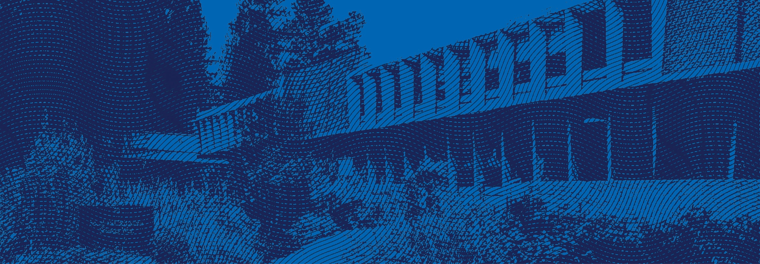 A blue-toned, stylized image shows a building with columns and trees, featuring a pattern of dots and lines overlaying the entire scene.