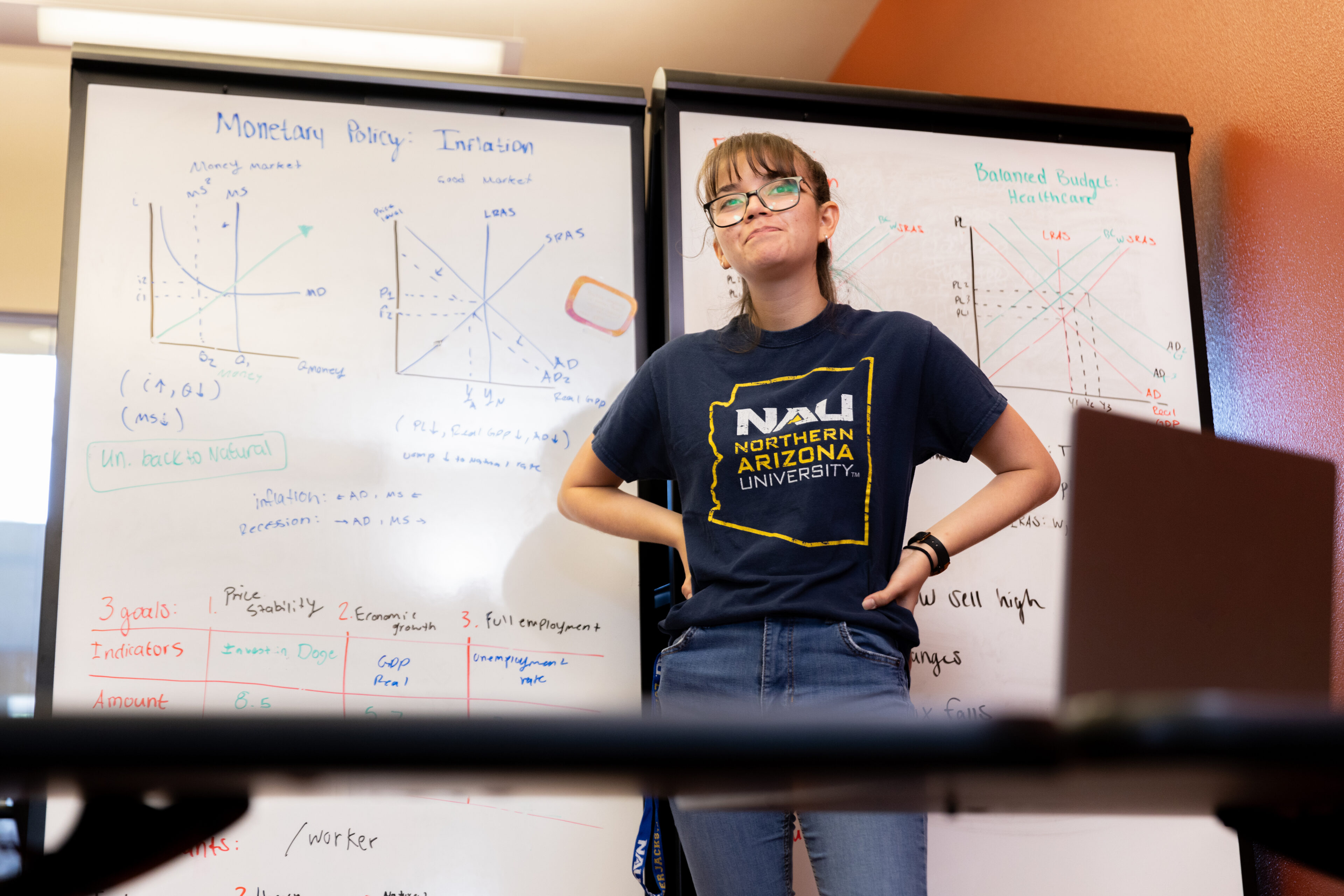 A person wearing a Northern Arizona University t-shirt stands in front of two whiteboards with biology and economics graphs and notes.