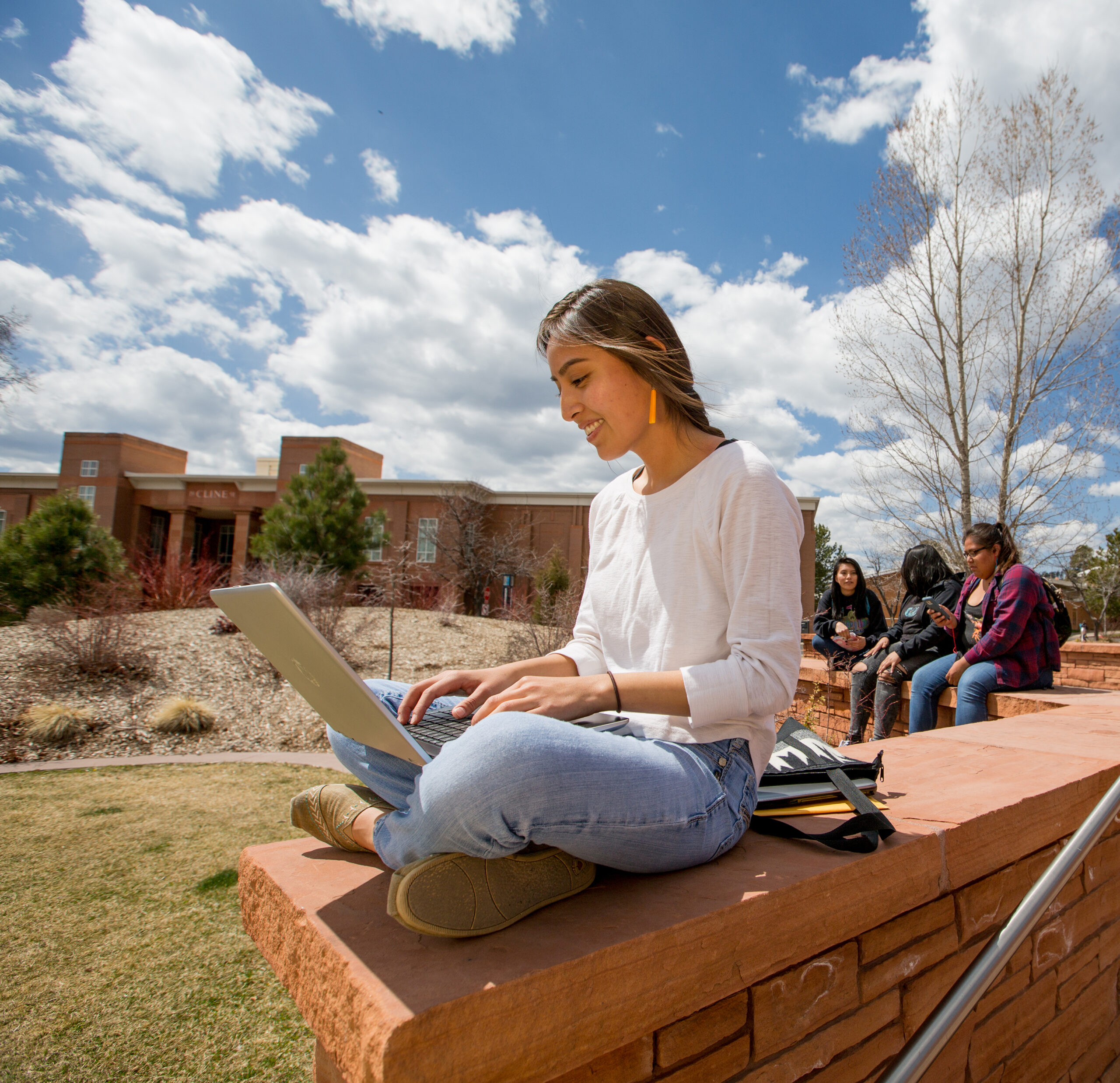 A person sits on a brick wall using a laptop outdoors, with three people talking in the background near a building on a partly cloudy day.